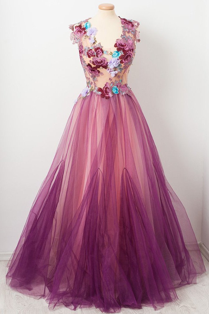 Charming 3D Floral Applique Grape Tulle Long Prom Dress, Formal Gown