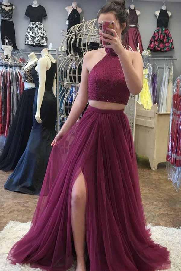 A-Line High Neck Tulle Two-Piece Prom Dress with Beading