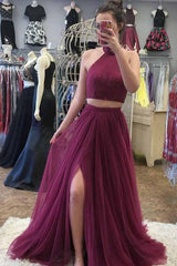 A-Line High Neck Tulle Two-Piece Prom Dress with Beading