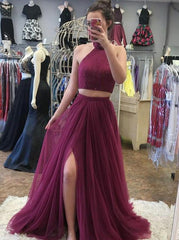 A-Line High Neck Tulle Two-Piece Prom Dress with Beading
