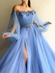 Blue Puffy Long Sleeves Beaded Applique Split Prom Dress