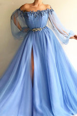 Blue Puffy Long Sleeves Beaded Applique Split Prom Dress