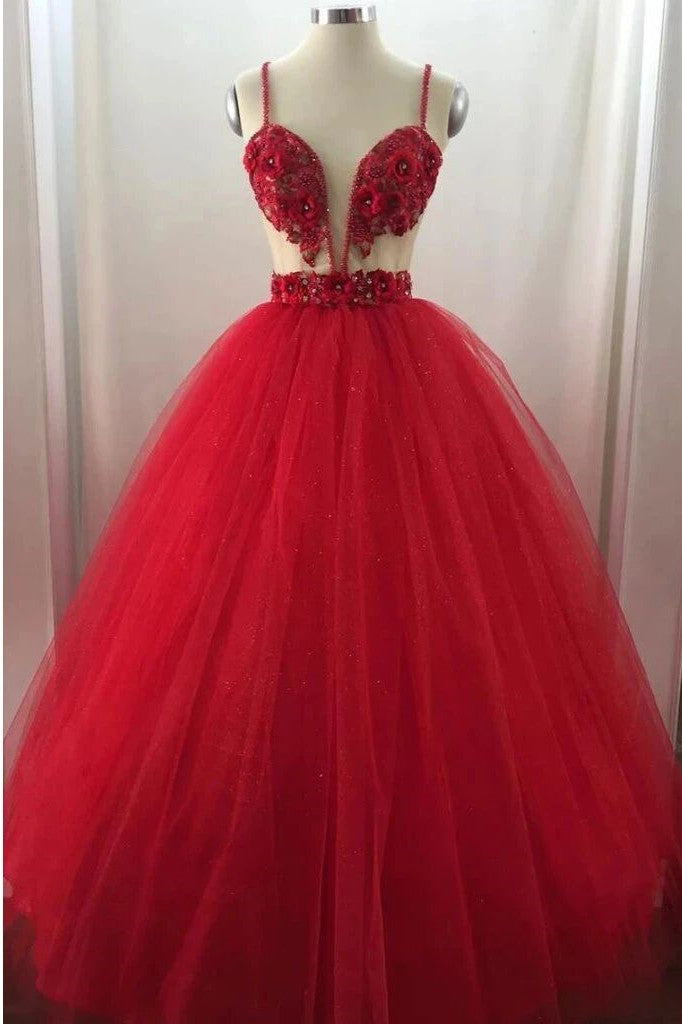 Spaghetti Straps Tulle Burgundy Long Prom Dresses with Applique Beading