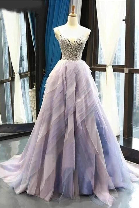 A-Line V-Neck Tulle Ombre Prom Dresses, Beading Long Evening Dress