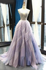 A-Line V-Neck Tulle Ombre Prom Dresses, Beading Long Evening Dress