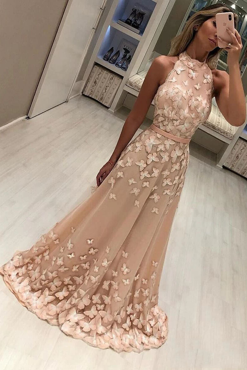 A-Line Prom Dress Butterfly Appliqued High Neck Formal Long Party Gown