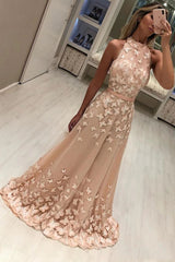 A-Line Prom Dress Butterfly Appliqued High Neck Formal Long Party Gown