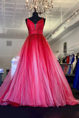 A-Line V-Neck Red Ombre Prom Dress, Ombre Beading Long Formal Dress