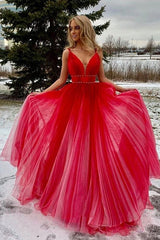 A-Line V-Neck Red Ombre Prom Dress, Ombre Beading Long Formal Dress
