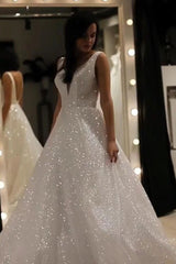 A-Line V-Neck Sparkly Sequin Backless Prom Wedding Dress