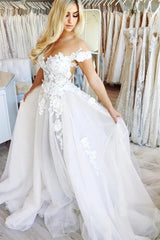 Off-Shoulder Lace Appliques Tulle Wedding Dresses A-Line Long Bridal Dresses