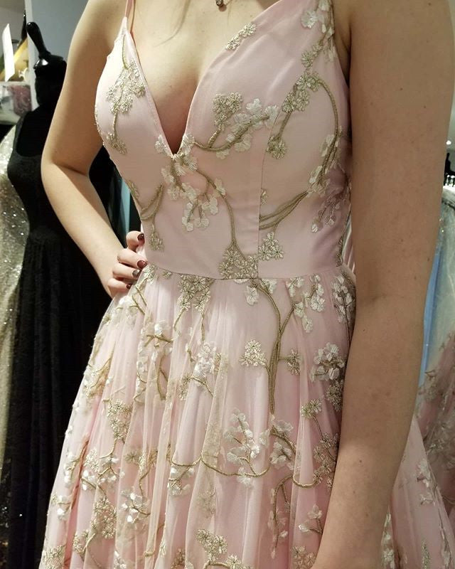 A-Line V-Neck Applique Long Prom Graduation Dress