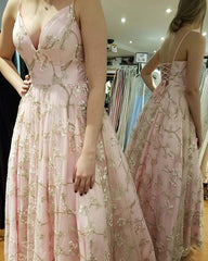 A-Line V-Neck Applique Long Prom Graduation Dress