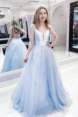A-Line V-Neck Light Blue Long Prom Dress Sparkle Graduation Dress
