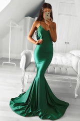 Backless Prom Dress, Draped Low Back Emerald Green Mermaid Evening Dress