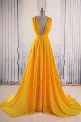 A-Line Yellow Long Prom Gown, Cross-Back Chiffon Evening Dress