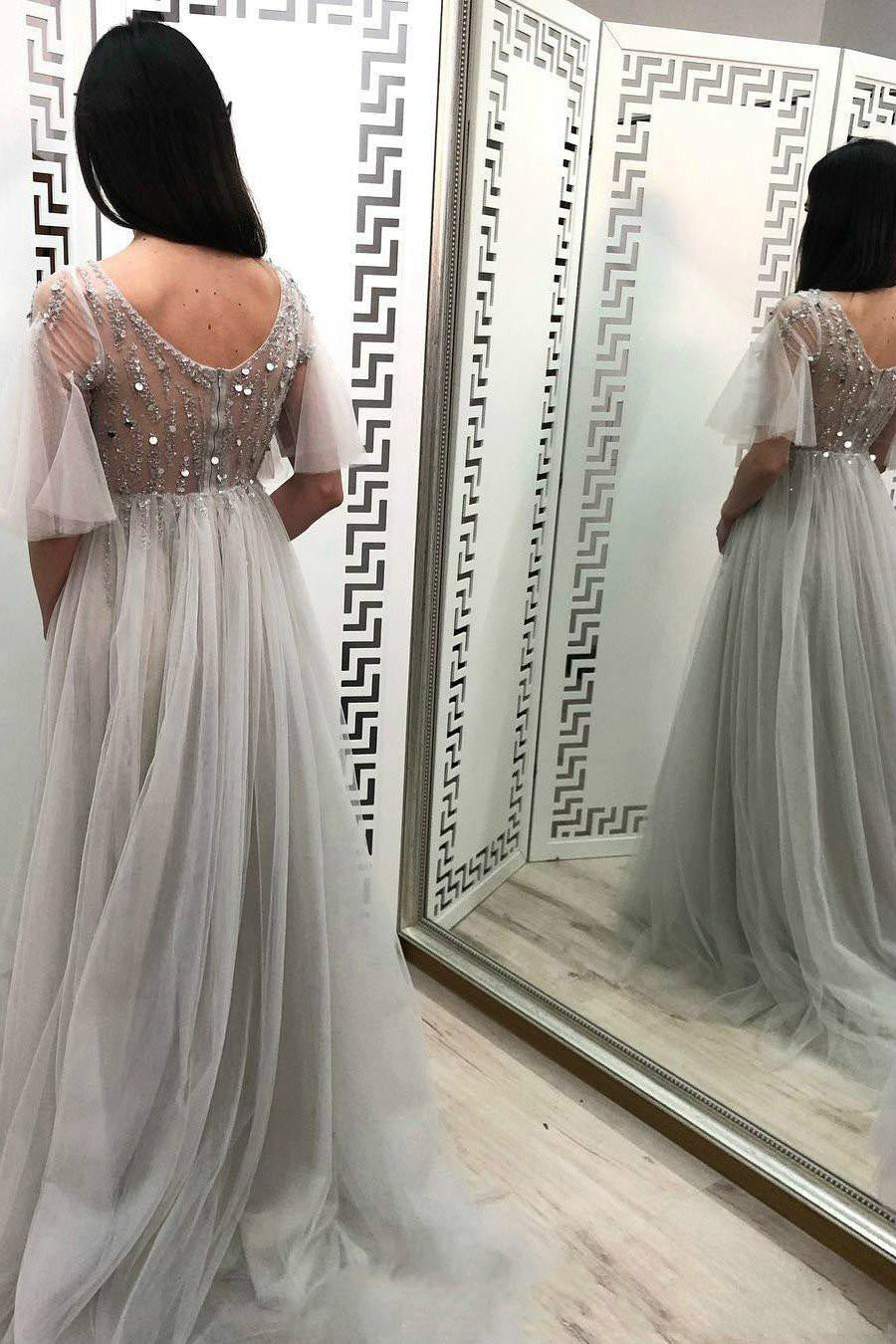 A-Line V-Neck Beaded Tulle Long Prom Dress with Half Sleeves