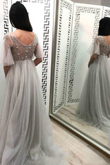 A-Line V-Neck Beaded Tulle Long Prom Dress with Half Sleeves