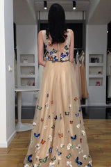 A-Line V-Neck 3D Butterfly Applique Long Formal Prom Dress