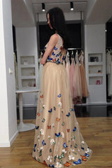 A-Line V-Neck 3D Butterfly Applique Long Formal Prom Dress
