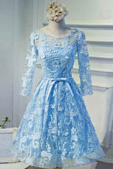 Bateau 3/4 Sleeve Keyhole Back Sky Blue Lace Homecoming Dress