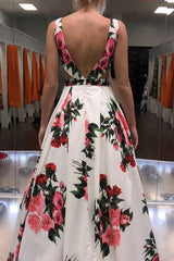 A-Line V-Neck Spring Floral Printed Long Prom Dress with Pockets