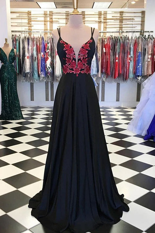 Black and Red Appliques Backless Long Prom Dress