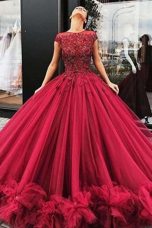 Burgundy Tulle Prom Dress Ball Gown, Beaded Long Formal Evening Gown