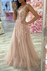 A-Line Tulle Lace Appliques Long Sparkle Prom Evening Dress