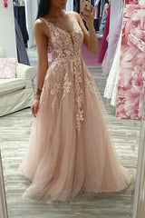 A-Line Tulle Lace Appliques Long Sparkle Prom Evening Dress