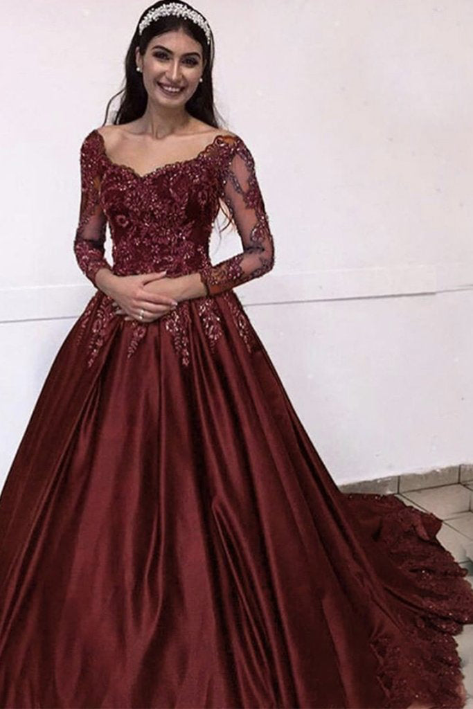 Burgundy Prom Dress, Long Sleeve Lace Appliques Formal Dress