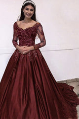 Burgundy Prom Dress, Long Sleeve Lace Appliques Formal Dress
