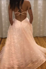 Sparkly Pink Prom Dresses Long A-Line Backless Formal Gown with Pocket