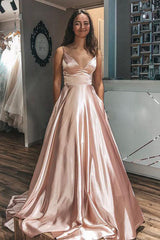 Spaghetti Straps A-Line Long Prom Dresses, Simple Sleeveless V-Neck Evening Gowns