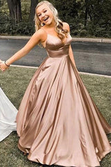 Spaghetti Straps A-Line Long Prom Dresses, Simple Sleeveless V-Neck Evening Gowns