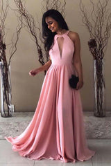Elegant Sleeveless Round Neck Chiffon Long Pink Prom Dress