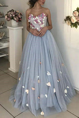 Detachable Straps Sweetheart Floral Applique Long Prom Dress