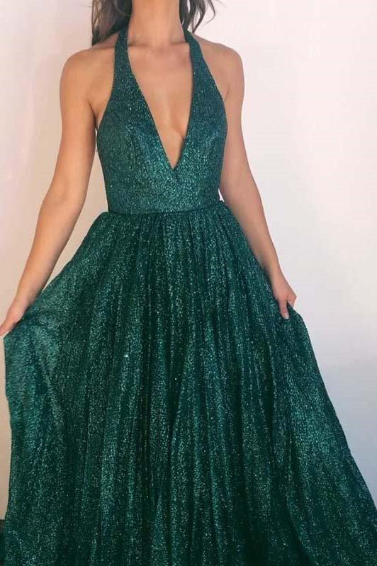 Backless Sequin Plunging Neckline Long Prom Dress