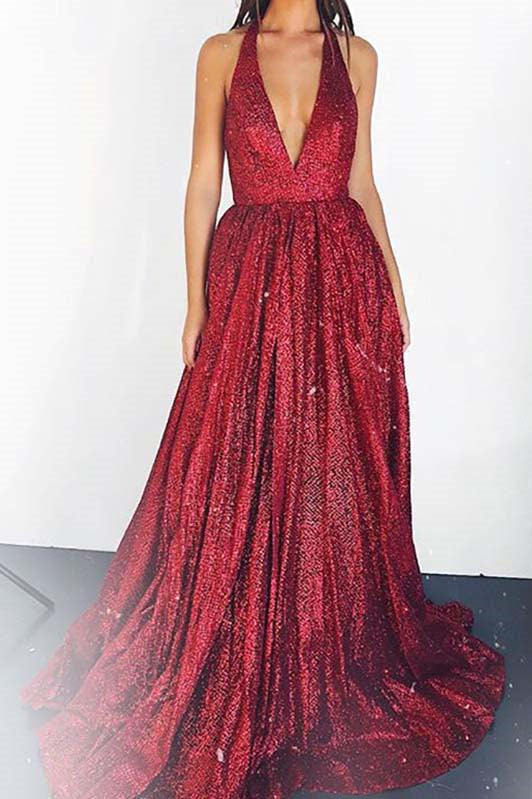 Backless Sequin Plunging Neckline Long Prom Dress