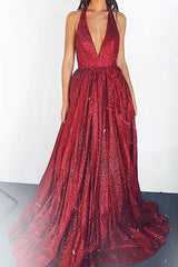 Backless Sequin Plunging Neckline Long Prom Dress