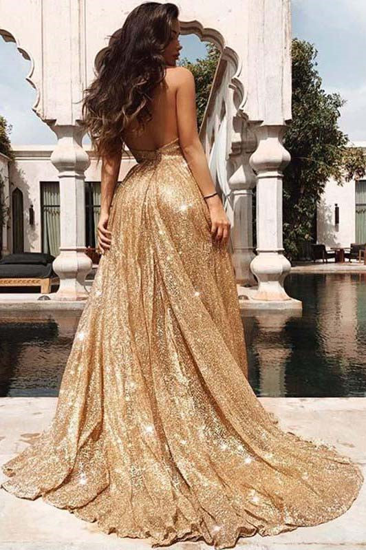 Backless Sequin Plunging Neckline Long Prom Dress