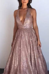 Backless Sequin Plunging Neckline Long Prom Dress