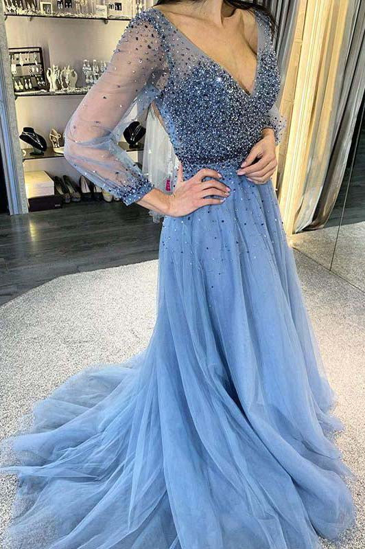 A-Line Long Sleeve Blue Open Back Prom Dress with Beaded Bodice