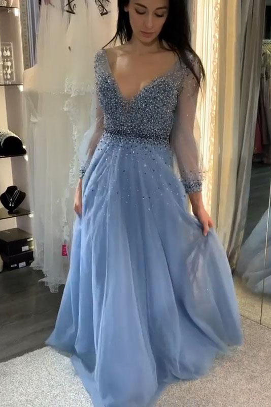 A-Line Long Sleeve Blue Open Back Prom Dress with Beaded Bodice