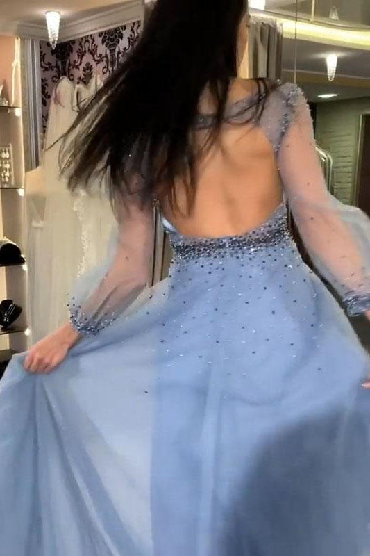 A-Line Long Sleeve Blue Open Back Prom Dress with Beaded Bodice