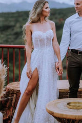 Detachable Sleeve Sweetheart Sequin Tulle Wedding Dress with Slit