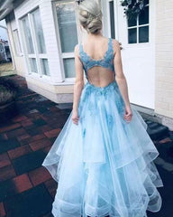 A-Line V-Neck Open Back Sky Blue Tulle Prom Dress