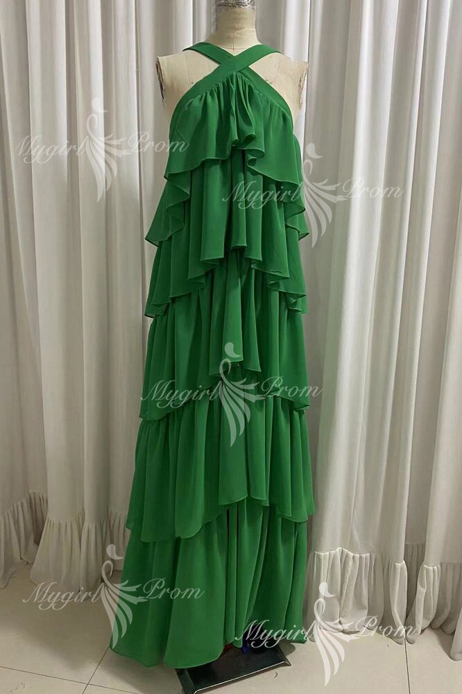 Elegant Halter Chiffon Prom Dress with Layered, Backless Evening Gown
