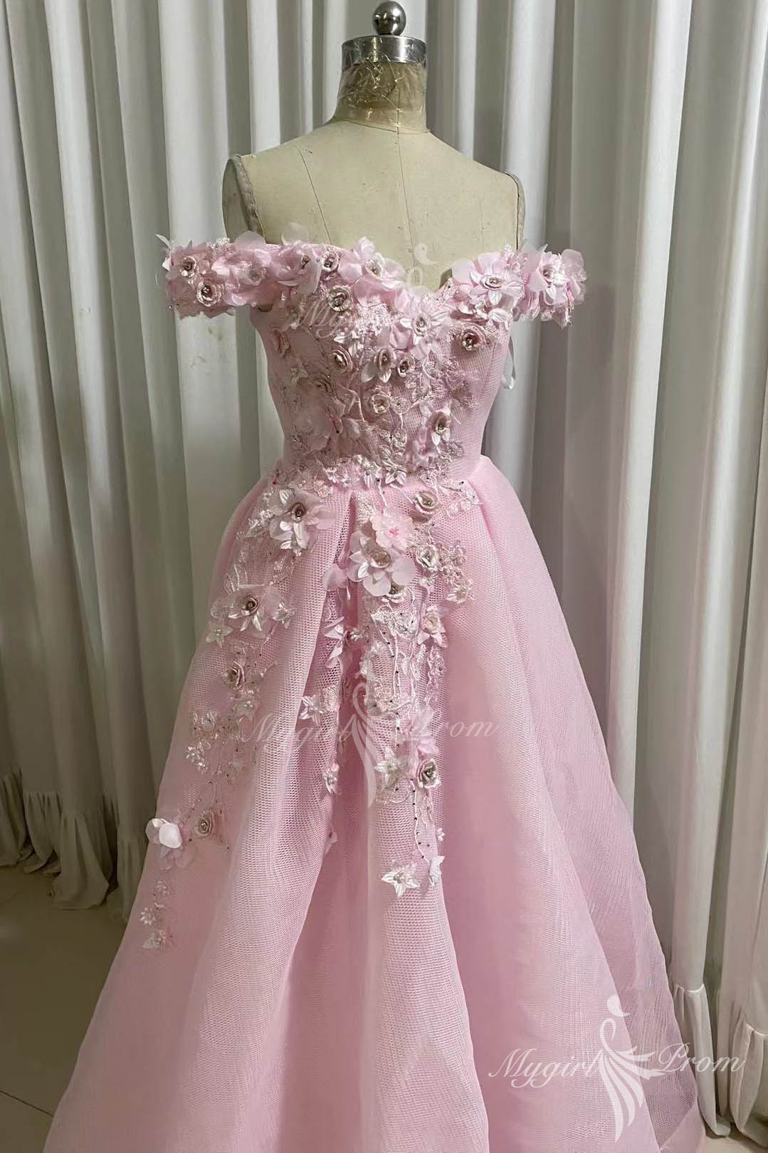 Charming Off Shoulder 3D Flower Appliques Net Blue Prom Dresses