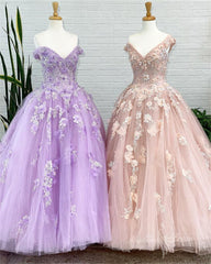 Tulle Ball Gown Long Prom Dresses with Appliques, Sweet 16 Quinceanera Dress